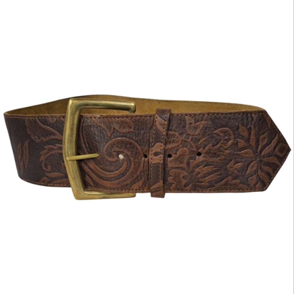 TopShop Vintage-Inspired Tooled Leather Belt with Brass Buckle